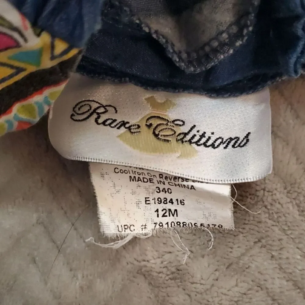 Rare Editions Denim Top with Colorful Pattern and Lace Sleeves Baby 12 Months